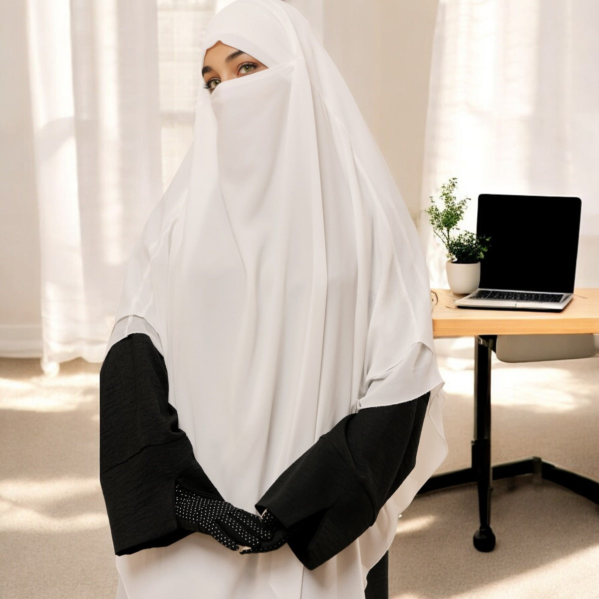 Bashariya White Color Three-Layer Triangular Long Prayer Khimar Hijab with Attached Mouthpiece
