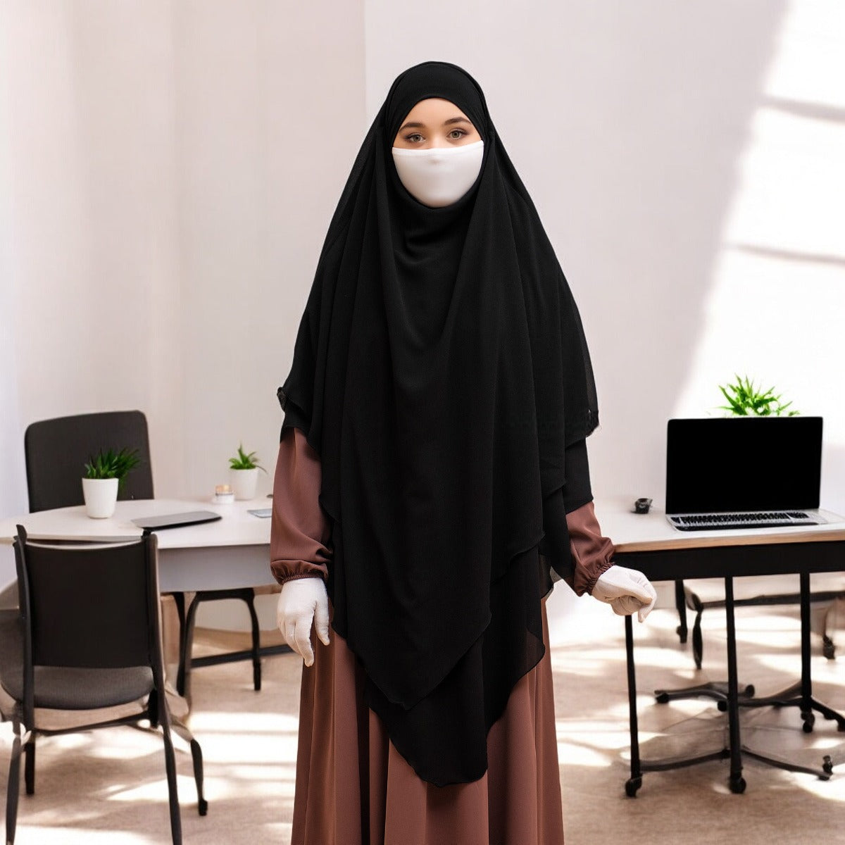 Bashariya Black Color Two-Layer Triangle Prayer Khimar Hijab with Attached Mouthpiece | Ready-to-Wear with Tie-Back Design in Soft Georgette Fabric