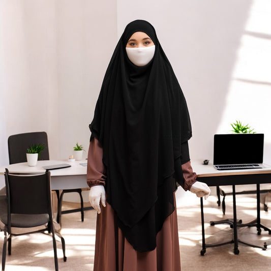 Bashariya Black Color Two-Layer Triangle Prayer Khimar Hijab with Attached Mouthpiece