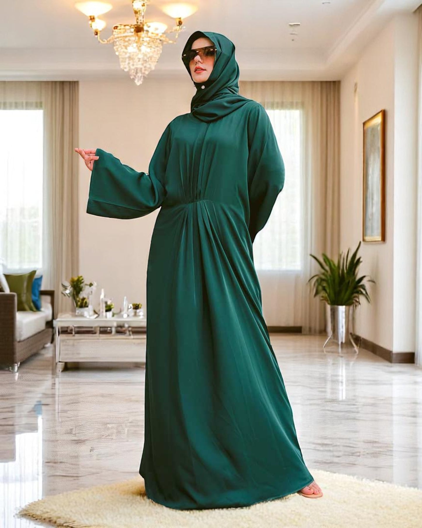 Designer Modest Dress in Armani Satin with Flared Sleeves & Matching Hijab