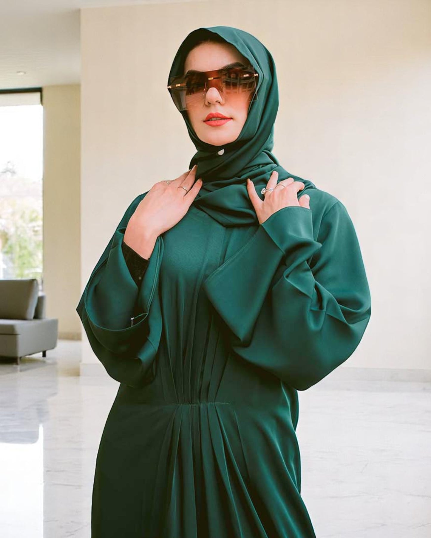 Designer Modest Dress in Armani Satin with Flared Sleeves & Matching Hijab