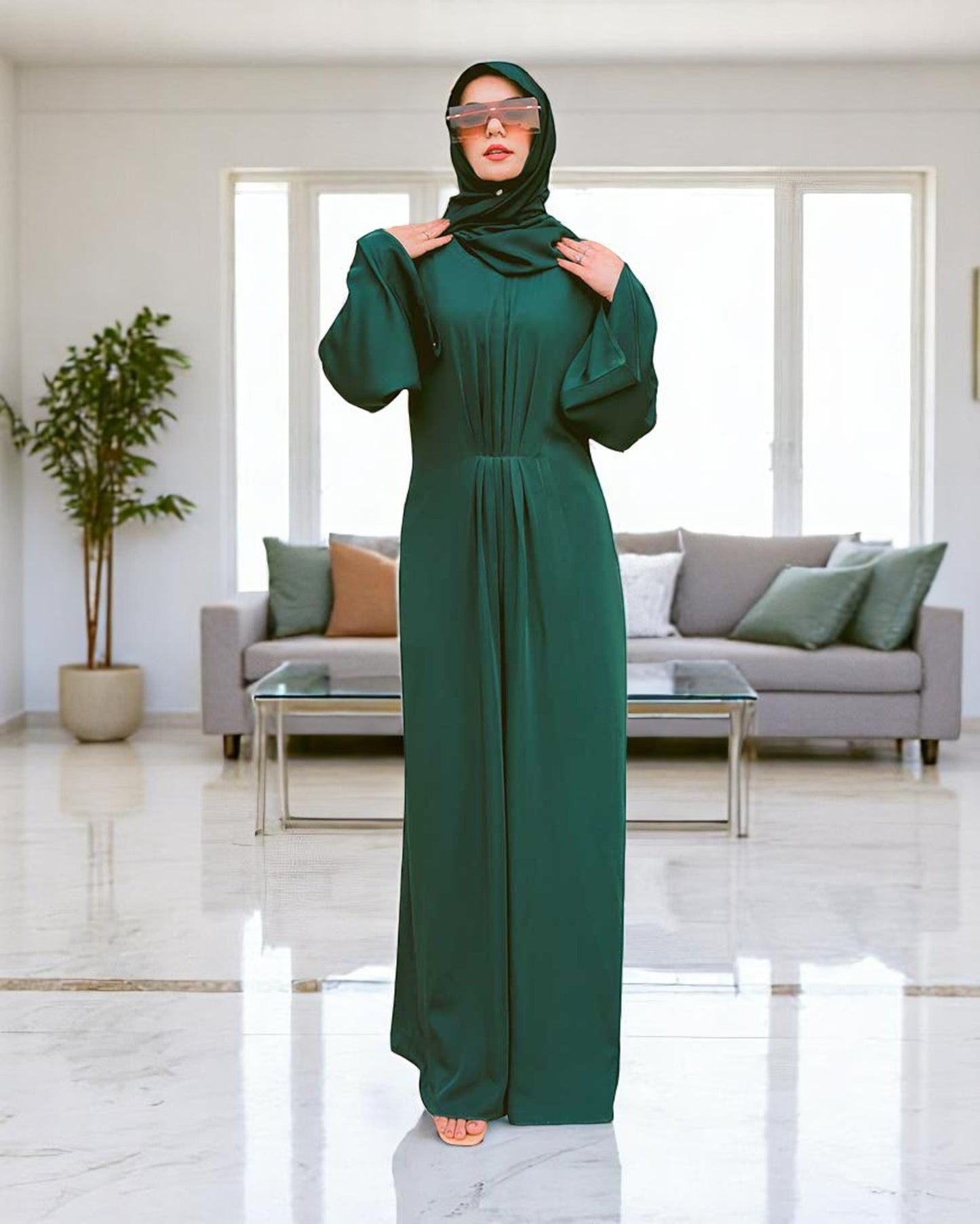 Designer Modest Dress in Armani Satin with Flared Sleeves & Matching Hijab