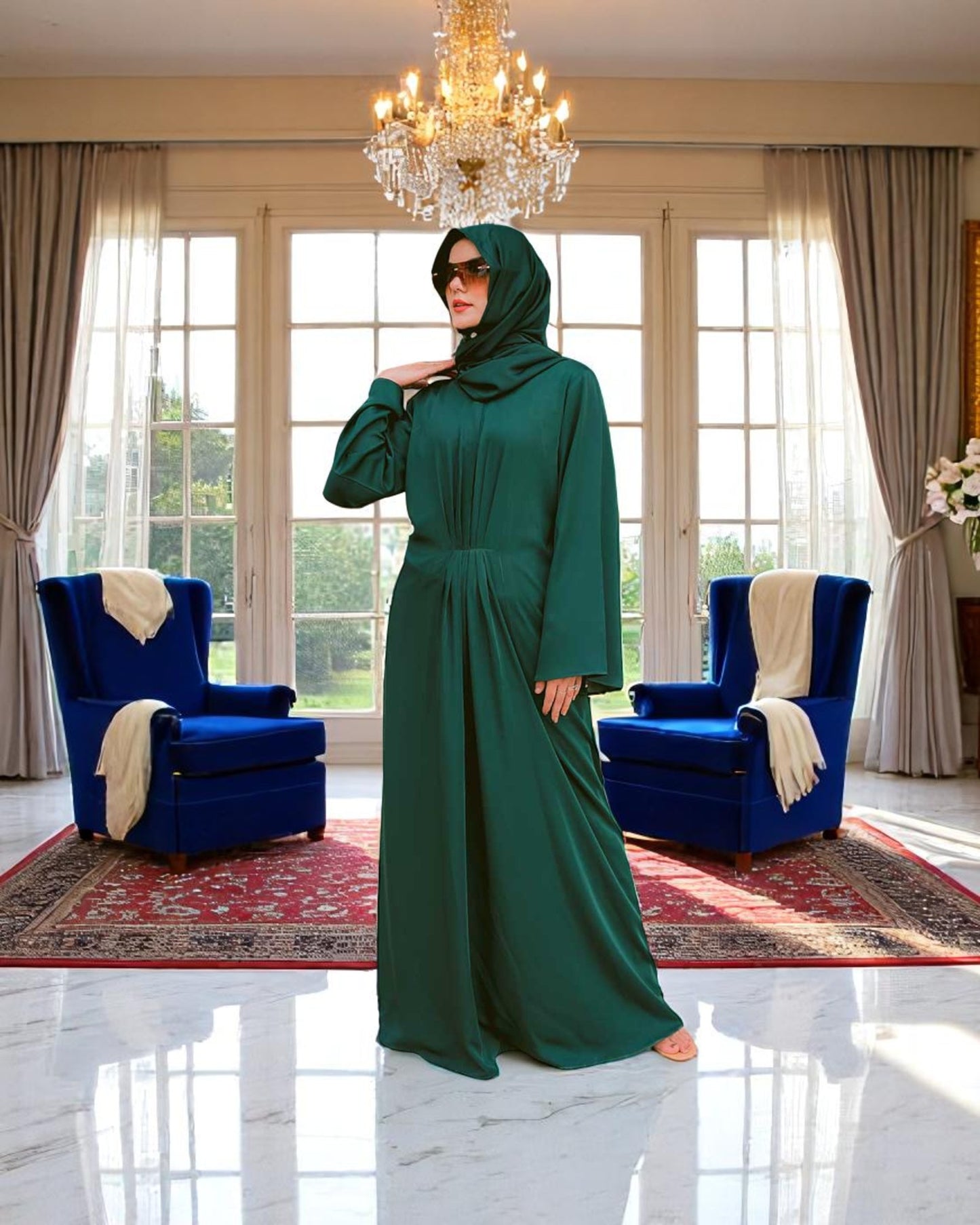 Designer Modest Dress in Armani Satin with Flared Sleeves & Matching Hijab
