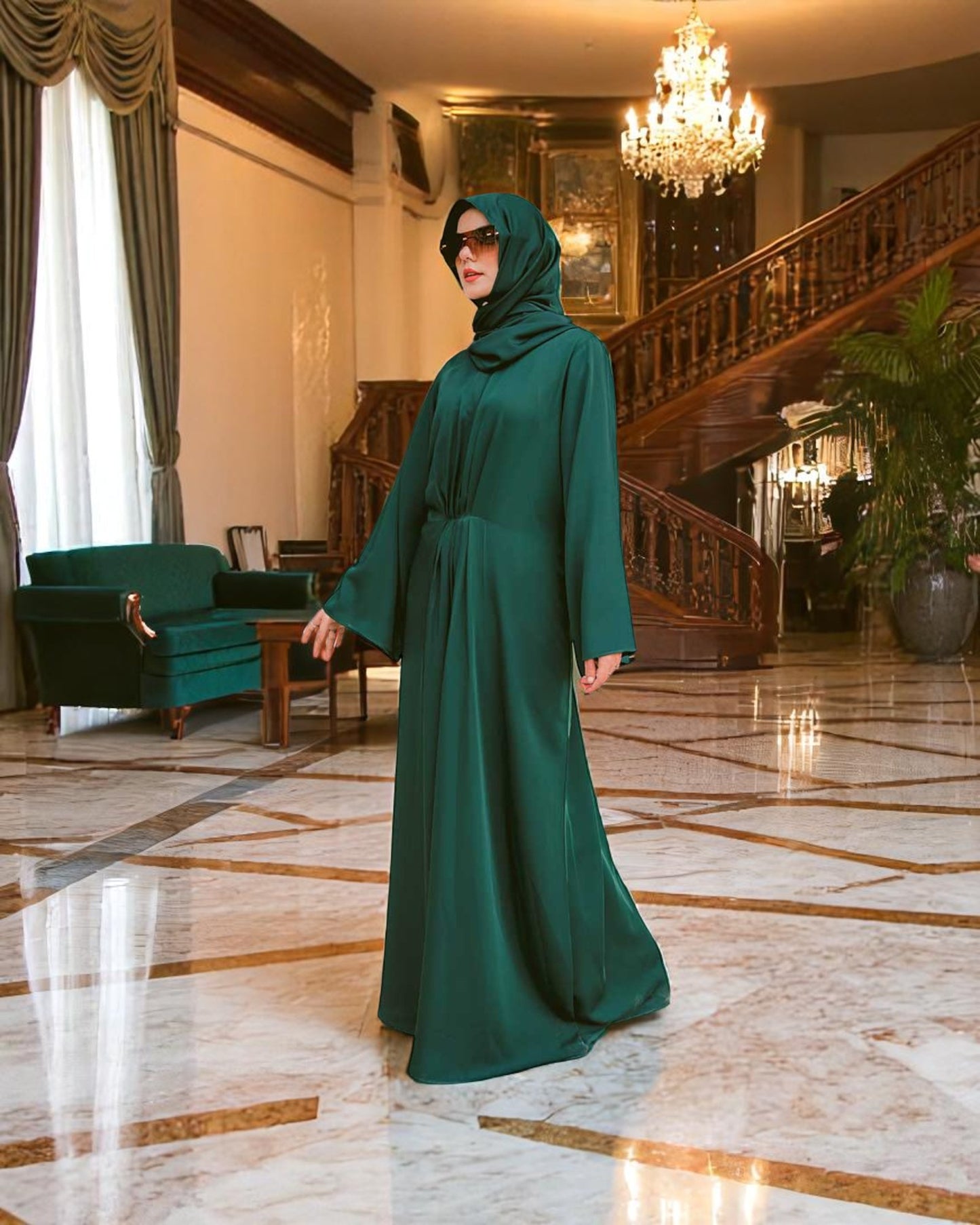 Designer Modest Dress in Armani Satin with Flared Sleeves & Matching Hijab