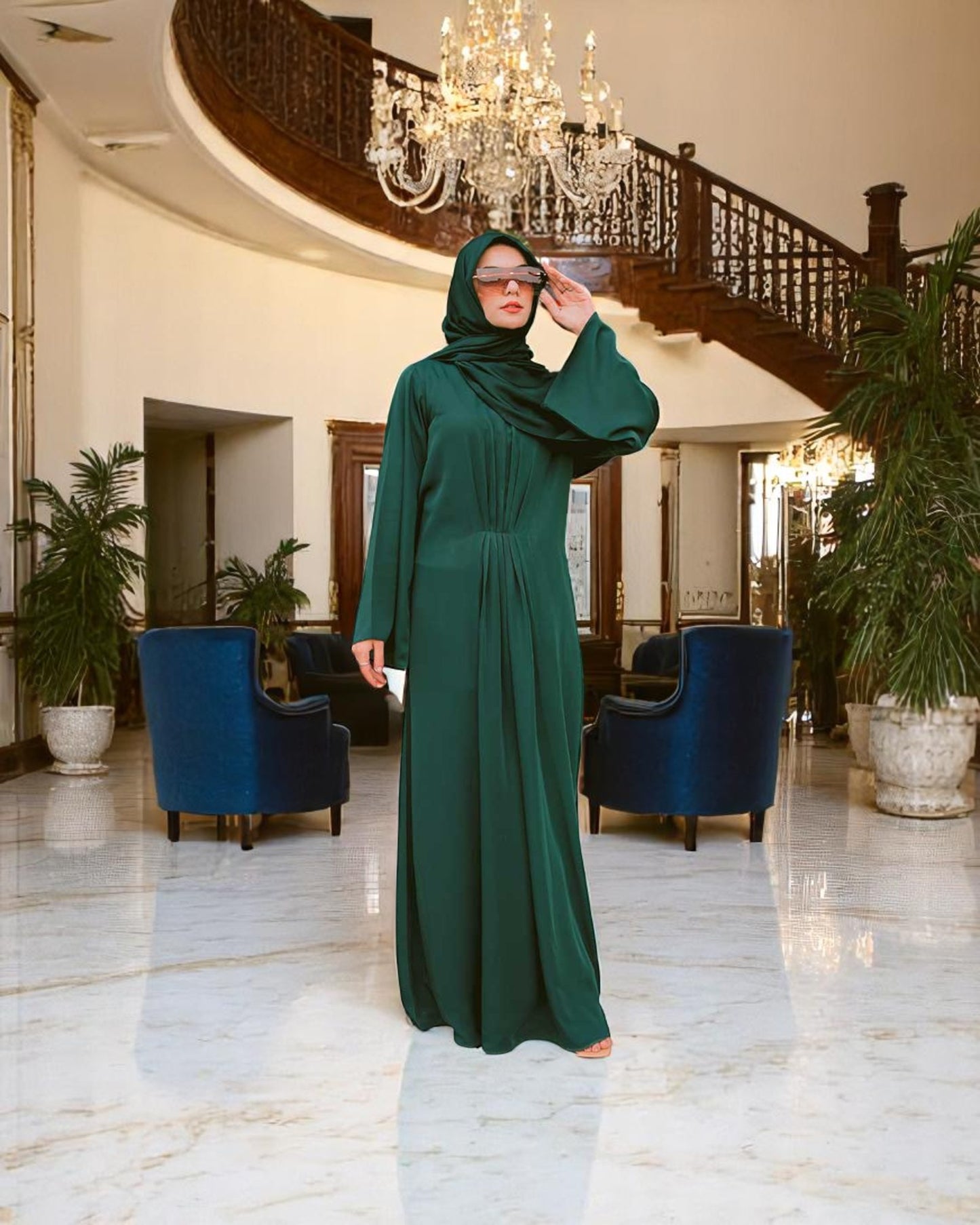 Designer Modest Dress in Armani Satin with Flared Sleeves & Matching Hijab