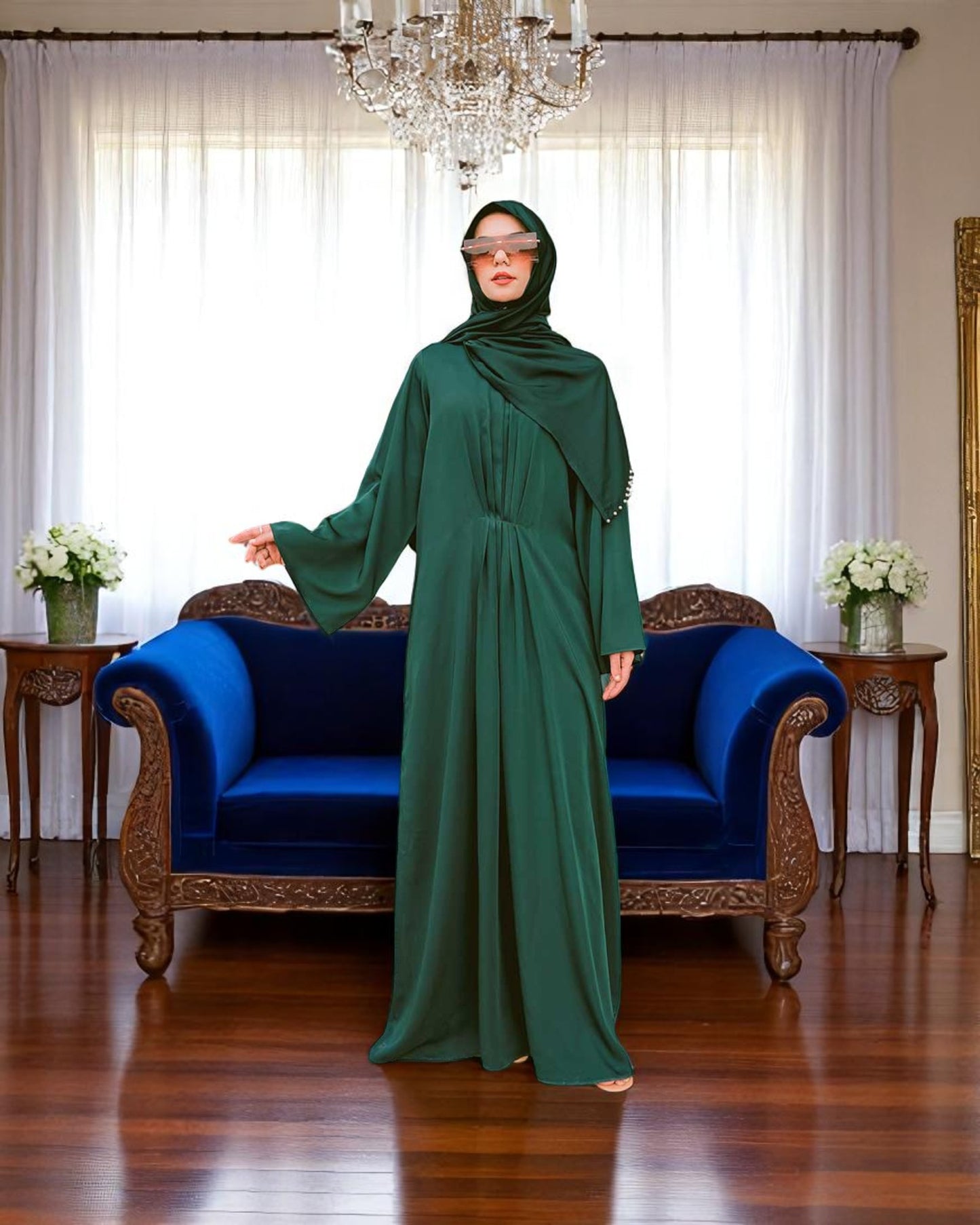 Designer Modest Dress in Armani Satin with Flared Sleeves & Matching Hijab