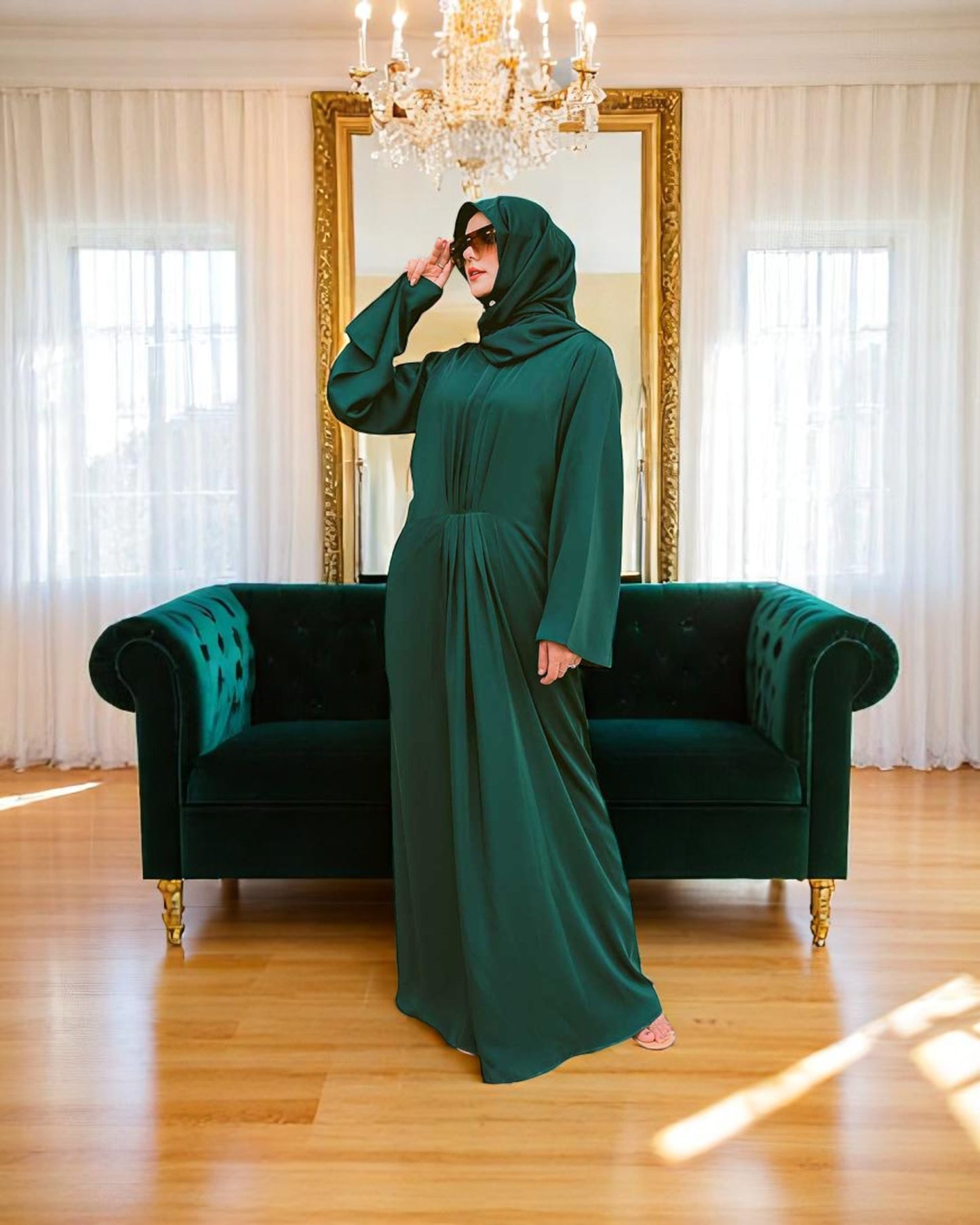 Designer Modest Dress in Armani Satin with Flared Sleeves & Matching Hijab