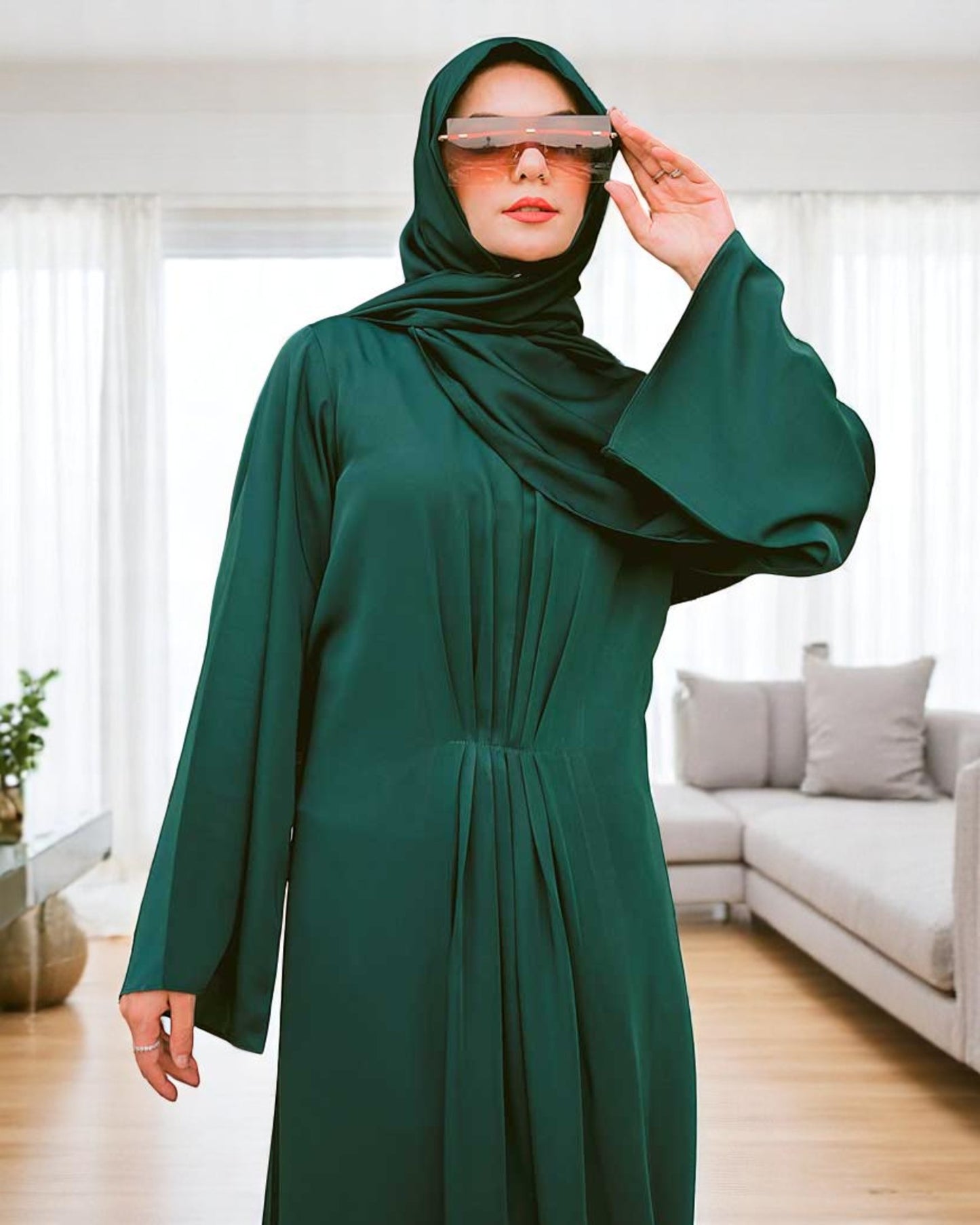 Designer Modest Dress in Armani Satin with Flared Sleeves & Matching Hijab