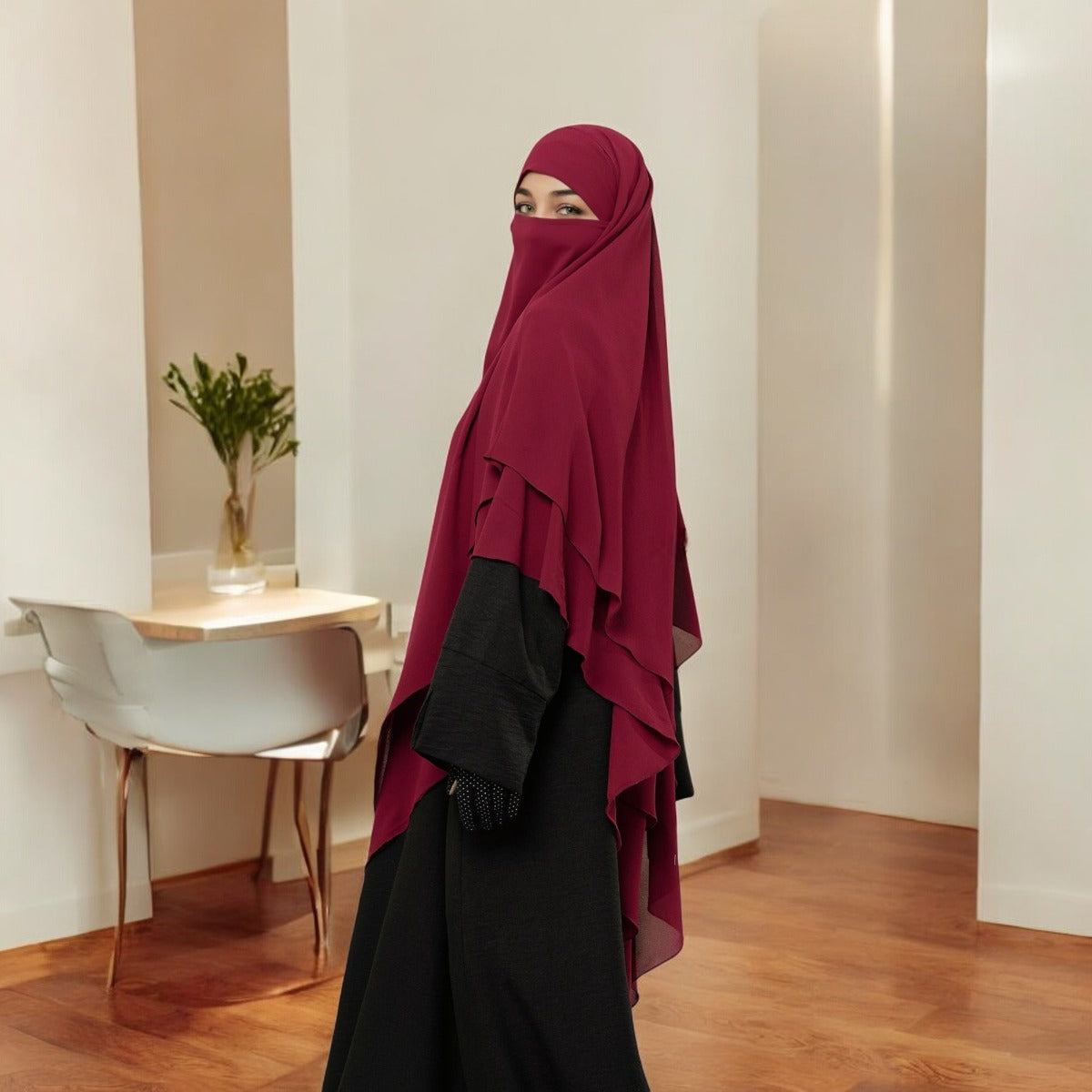 Bashariya Maroon Color Two-Layer Triangle Prayer Khimar Hijab with Attached Mouthpiece | Ready-to-Wear with Tie-Back Design in Soft Georgette Fabric