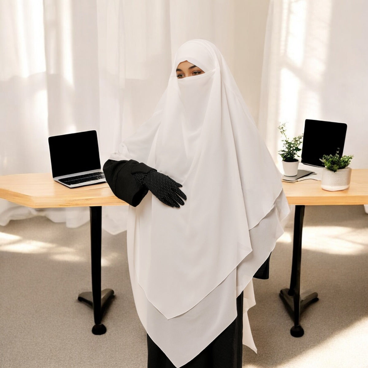 Bashariya White Color Three-Layer Triangular Long Prayer Khimar Hijab with Attached Mouthpiece