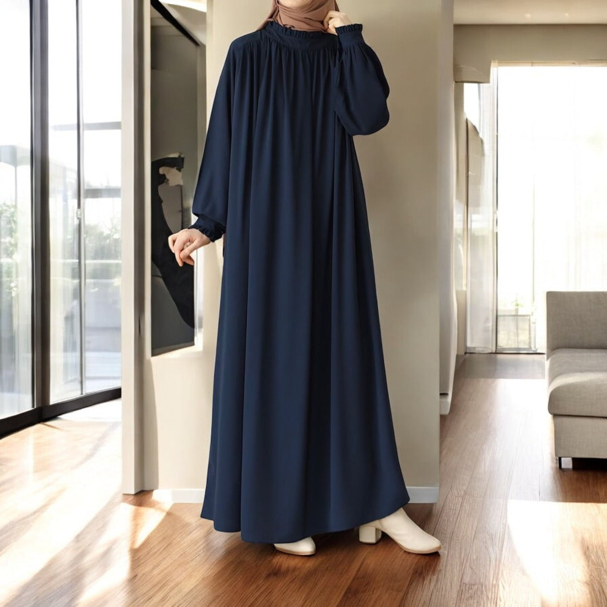 Designer Turkish Style Abaya with Gathered Neckline