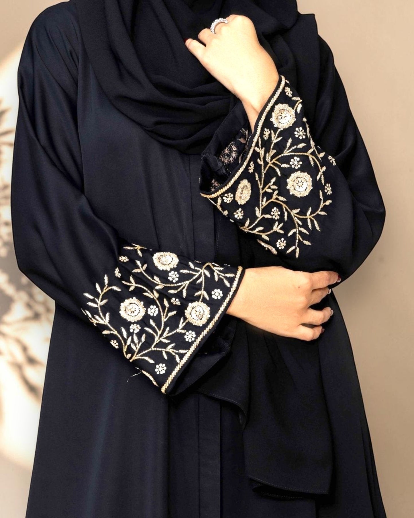 Black Praada Front-Open Mahram-Embroidered Burqa with Sleeve Embellishments