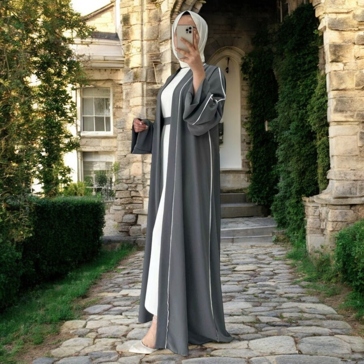 Elegant Three-Piece Abaya Set with Contrast Piping