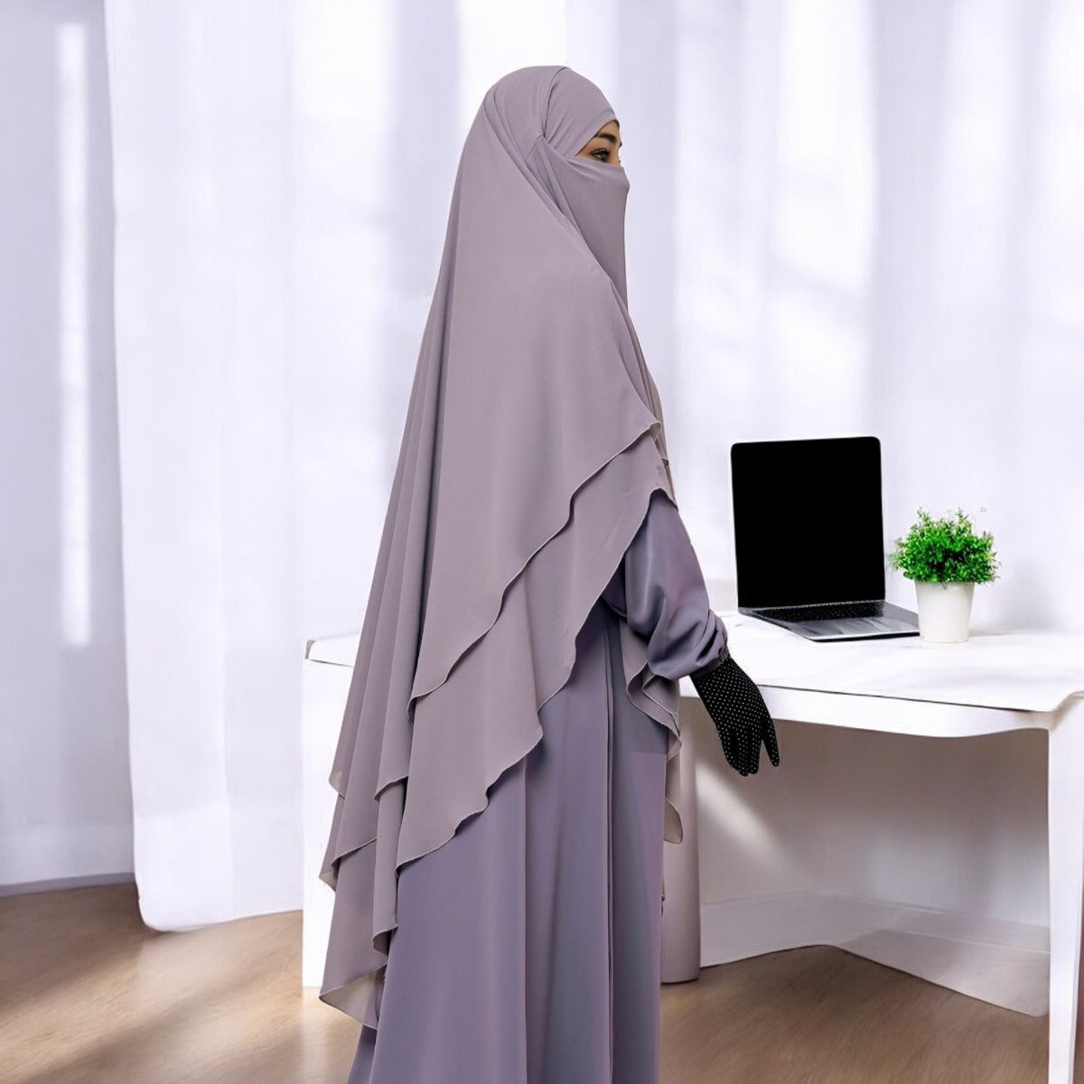 Bashariya Stone Grey Color Three-Layer Triangular Long Prayer Khimar Hijab with Attached Mouthpiece|Short Jilbab | Ready-to-Wear with Tie-Back Design in Georgette Fabric