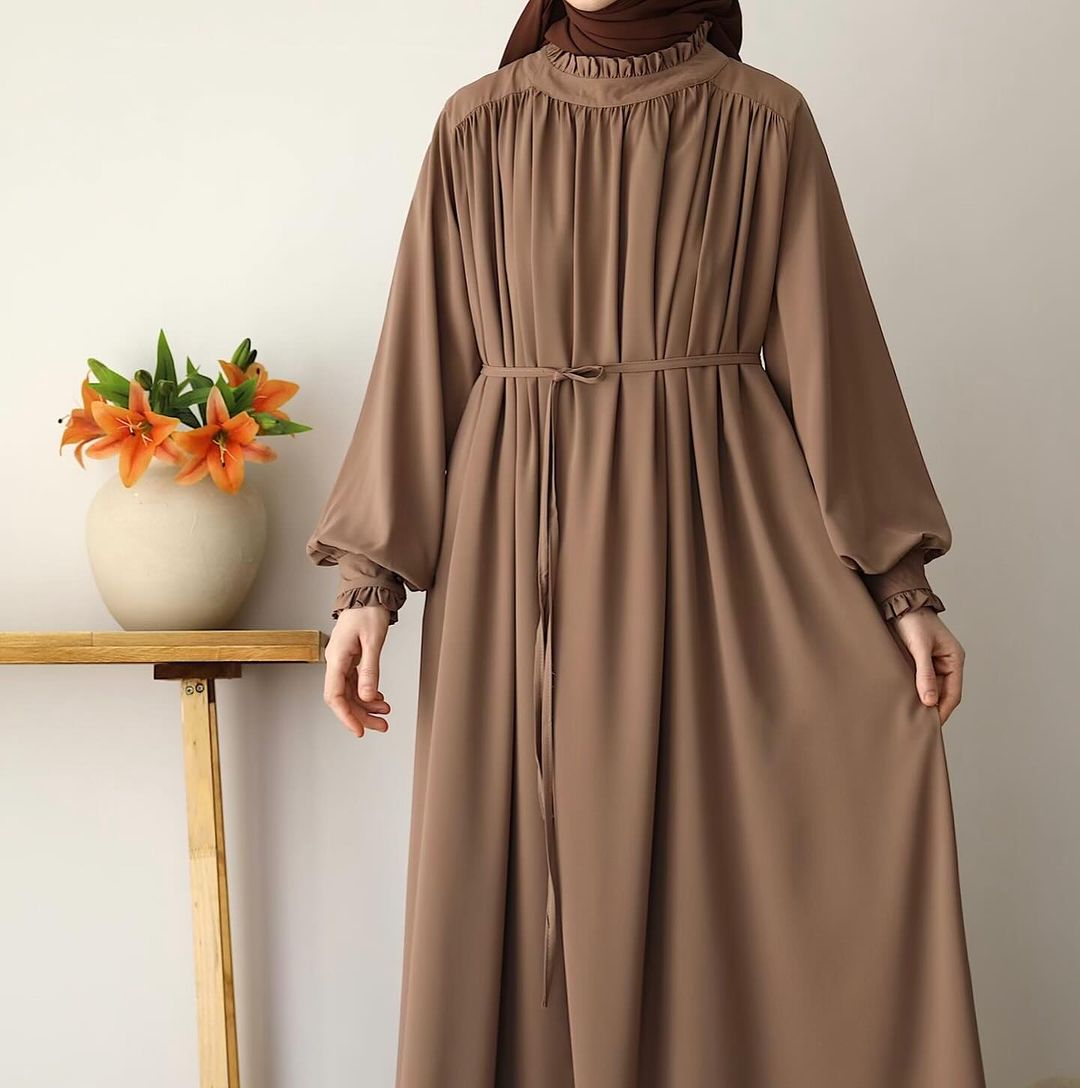 Designer Turkish Style Abaya with Gathered Neckline