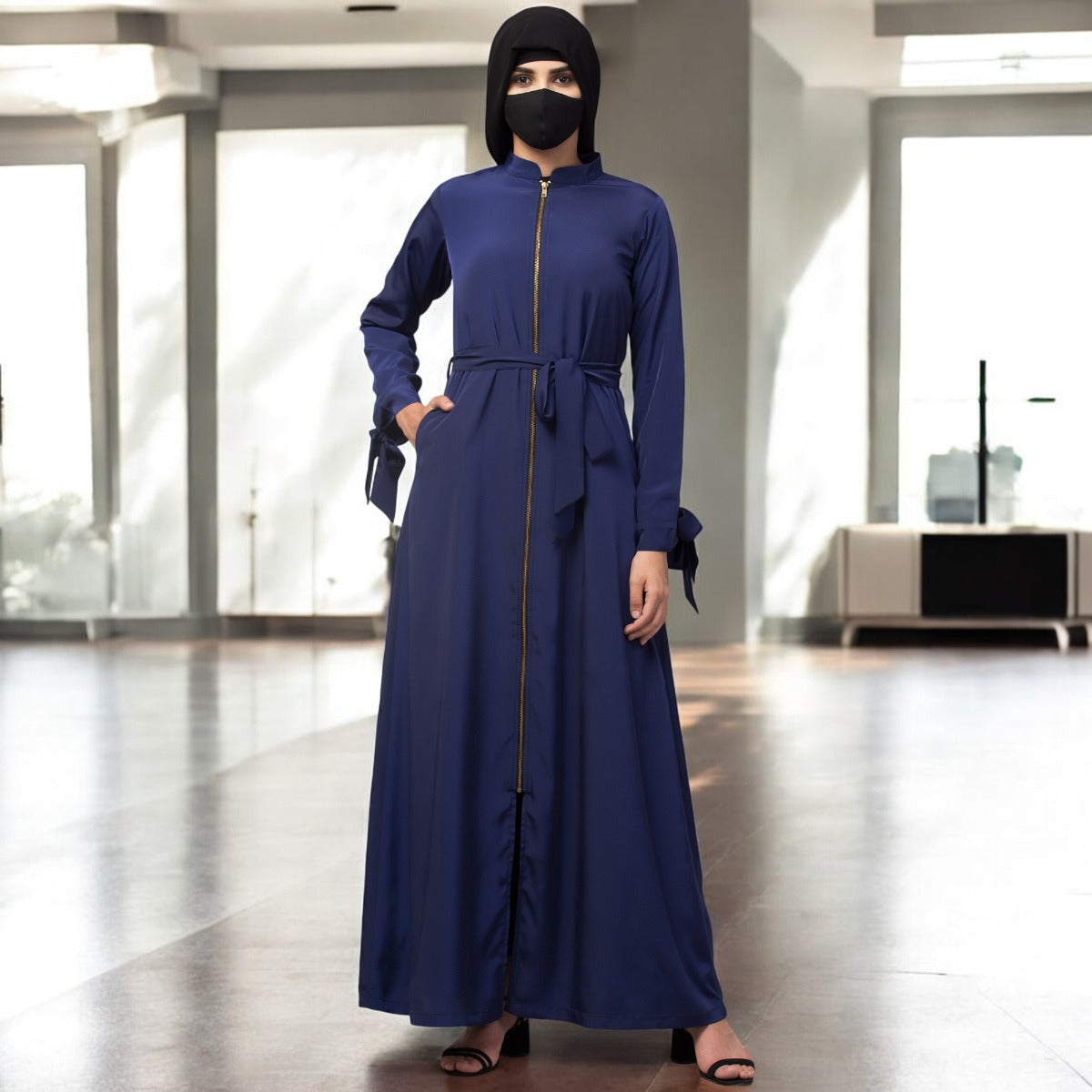 Front Open Abaya Dress With Zipper And Designer Sleeves In French Crepe Fabric