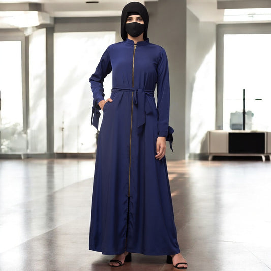 Front Open Mahram-Abaya Dress With Zipper And Designer Sleeves In French Crepe Fabric