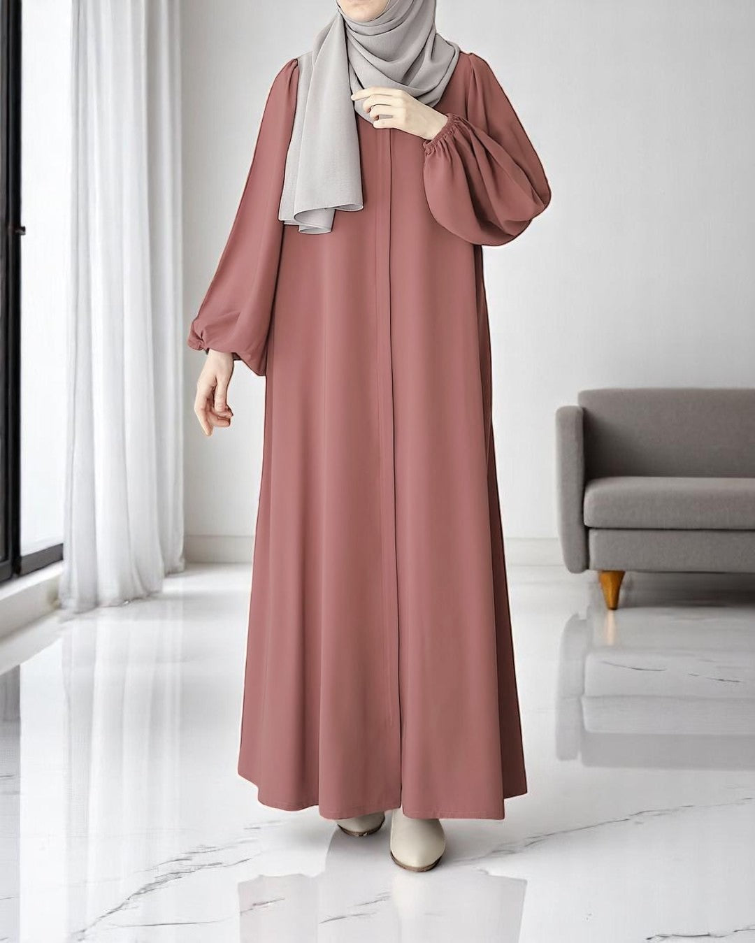 Front Open Abaya with Zipper Opening, Umbrella Flare and Elasticated Sleeves