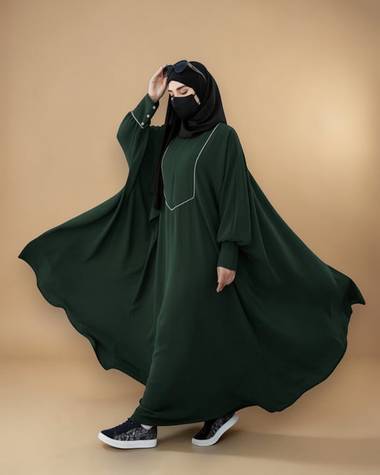 Free Size Kaftan with White Piping, Zipper Opening & Cuffed Sleeves in Premium Fabric, Includes Hijab