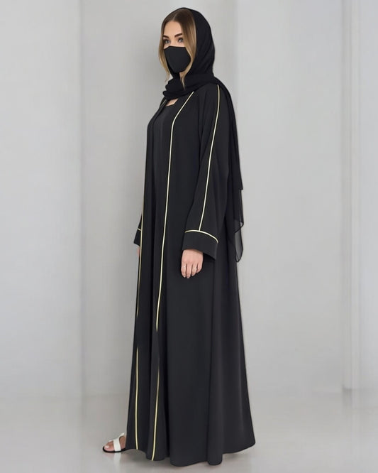 Stylish Burqa with Contrast Piping in Praada Fabric| Black Front Open Abaya