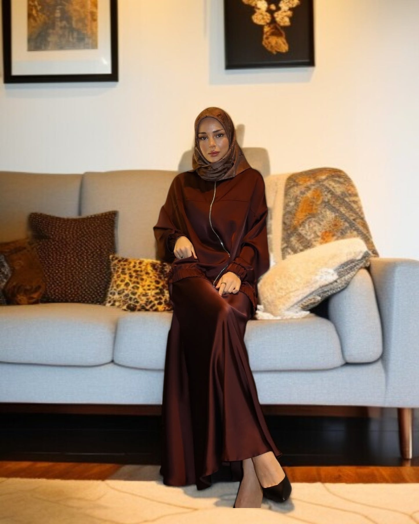 Premium Three-Piece Abaya Set in Tiktok Fabric with Zipper Jacket & Hijab