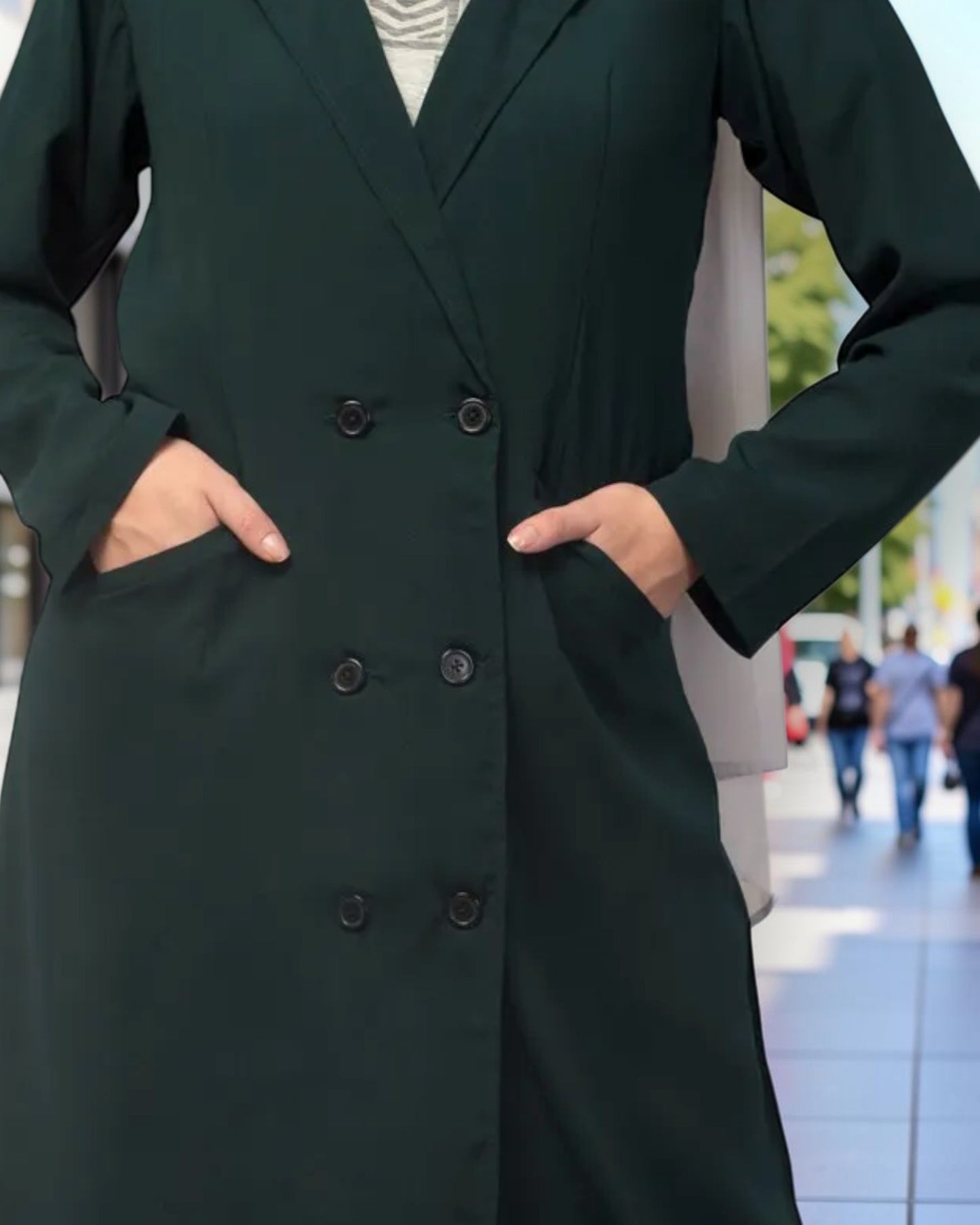 Double-Breasted Coat Abaya for Work with Free Hijab | Optional Inner | Dark Green