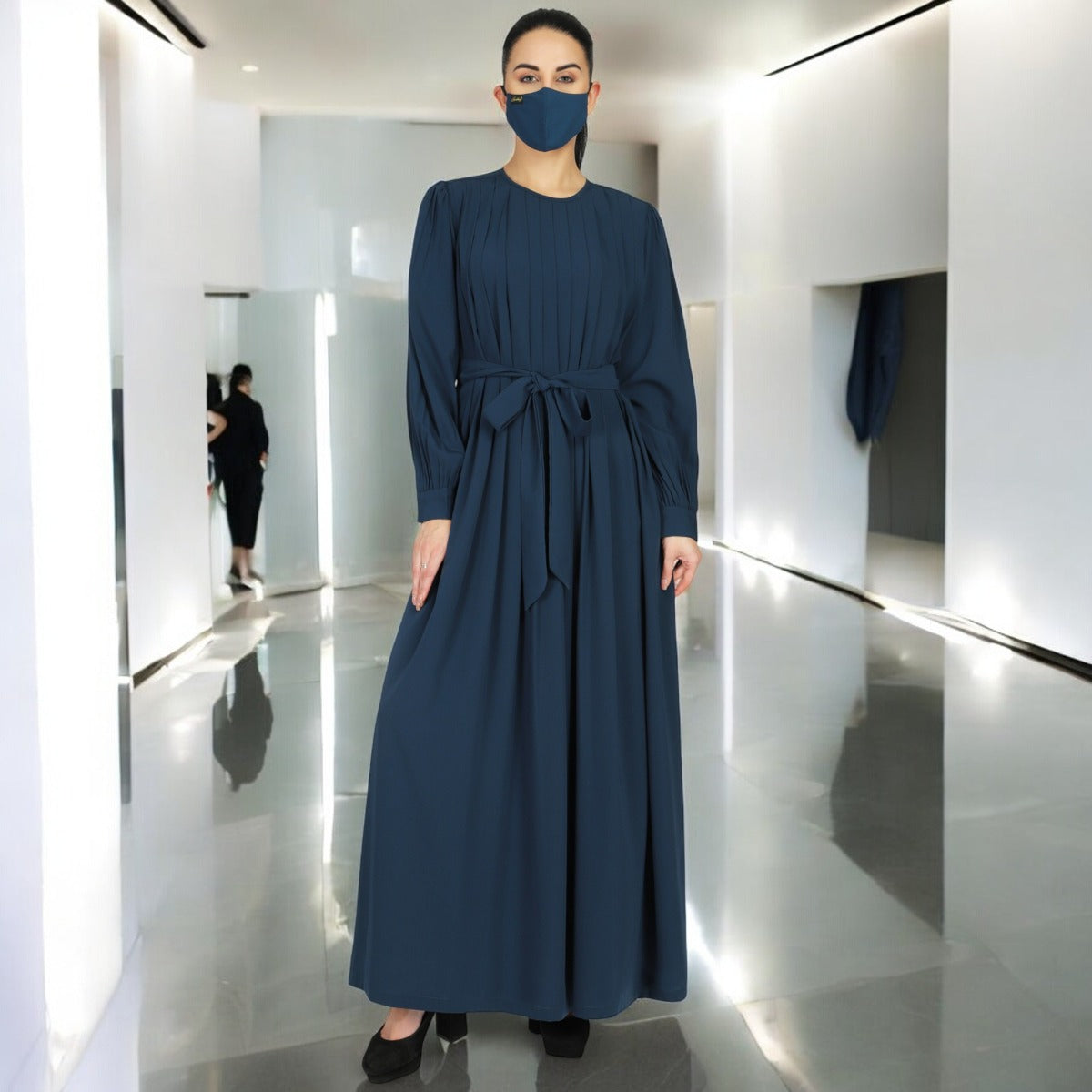 Abaya With Multiple Pleats And Belt. Comes With A Matching Hijab.