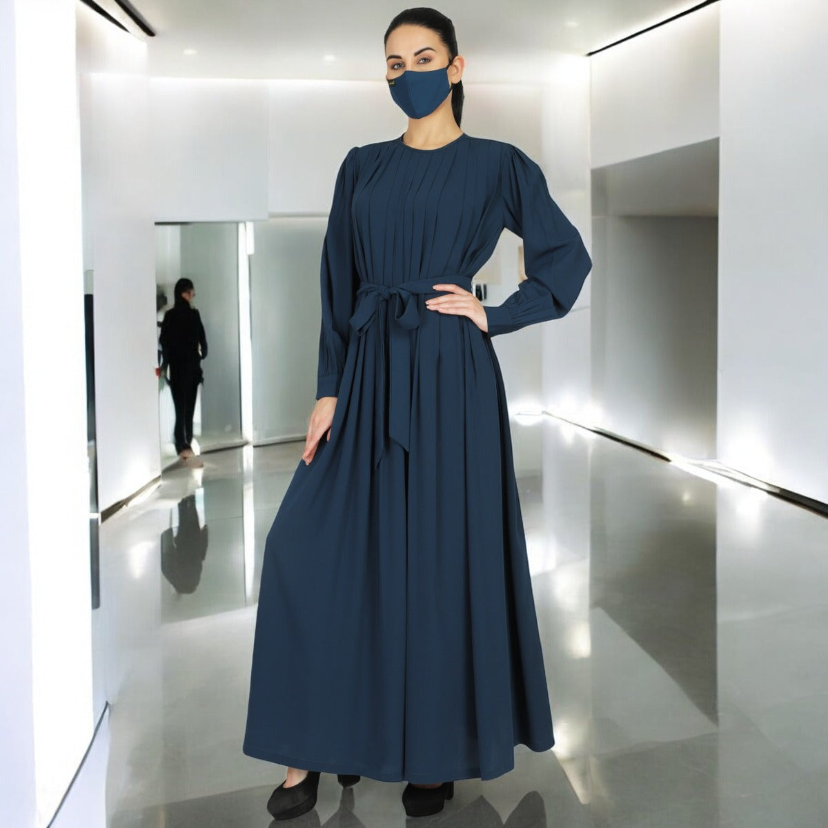 Abaya With Multiple Pleats And Belt. Comes With A Matching Hijab.