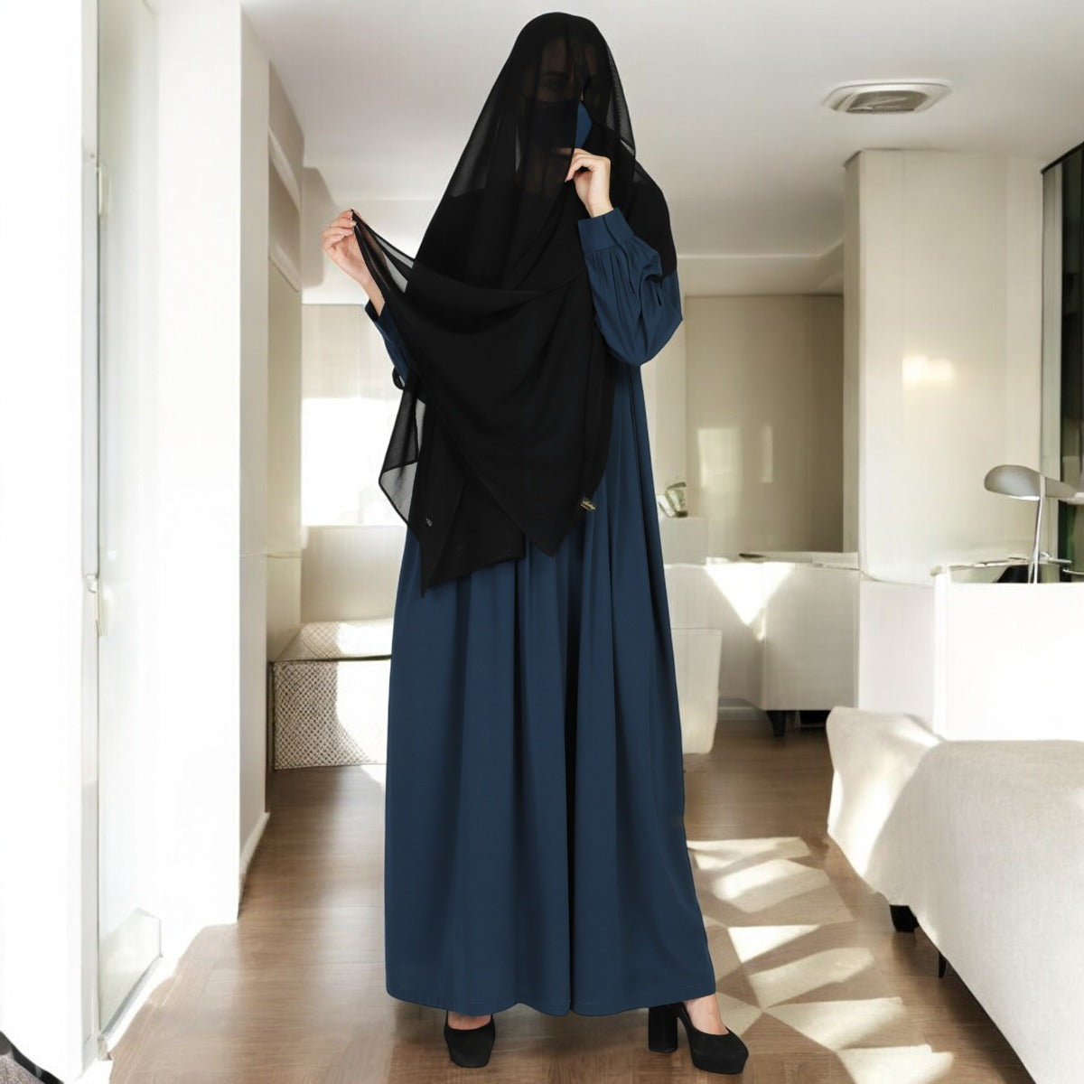 Abaya With Multiple Pleats And Belt. Comes With A Matching Hijab.
