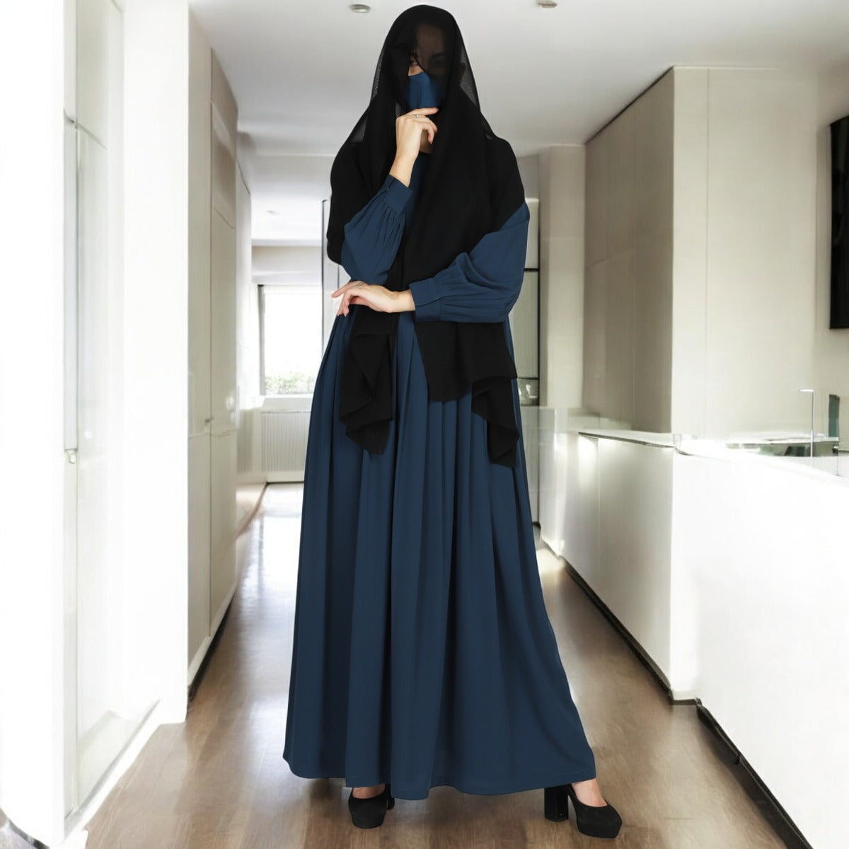 Abaya With Multiple Pleats And Belt. Comes With A Matching Hijab.