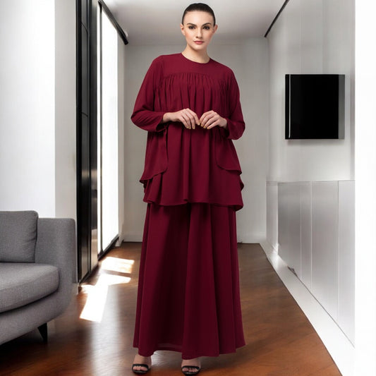 Modest Co-ord Set: Designer Loose Fit Top with Frills and Flared Skirt, Perfect for Students and Working Women
