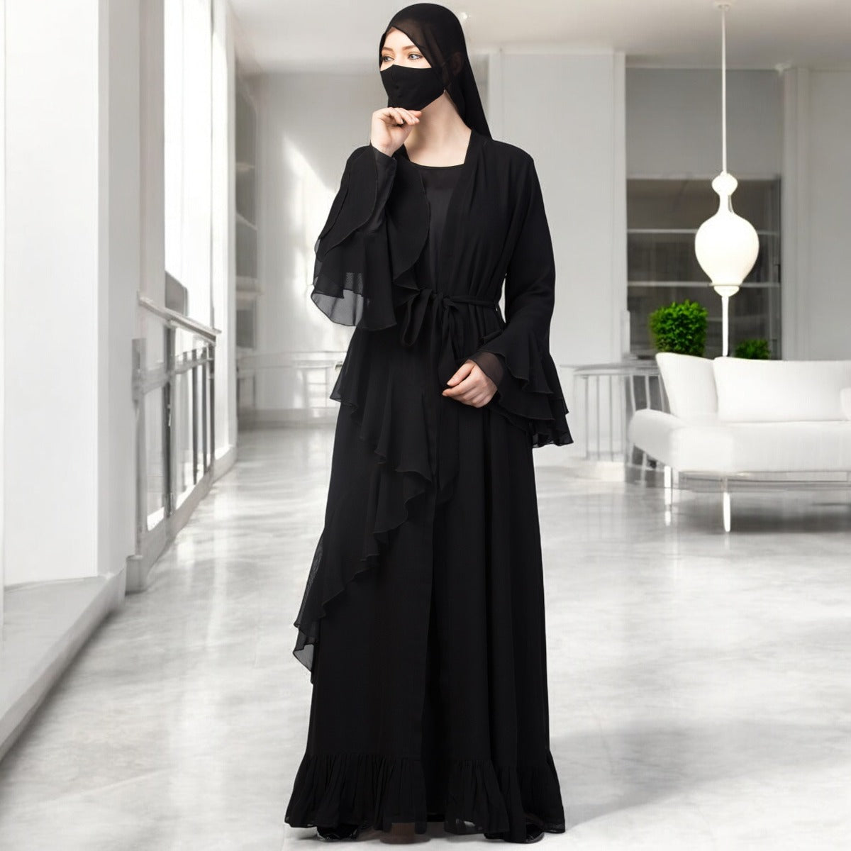 Occasion Wear Modest Dress With Umbrella Flare and Frills