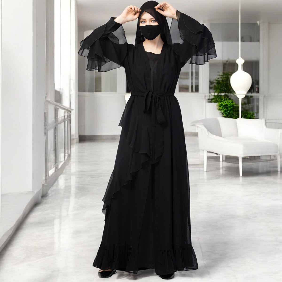Occasion Wear Modest Dress With Umbrella Flare and Frills