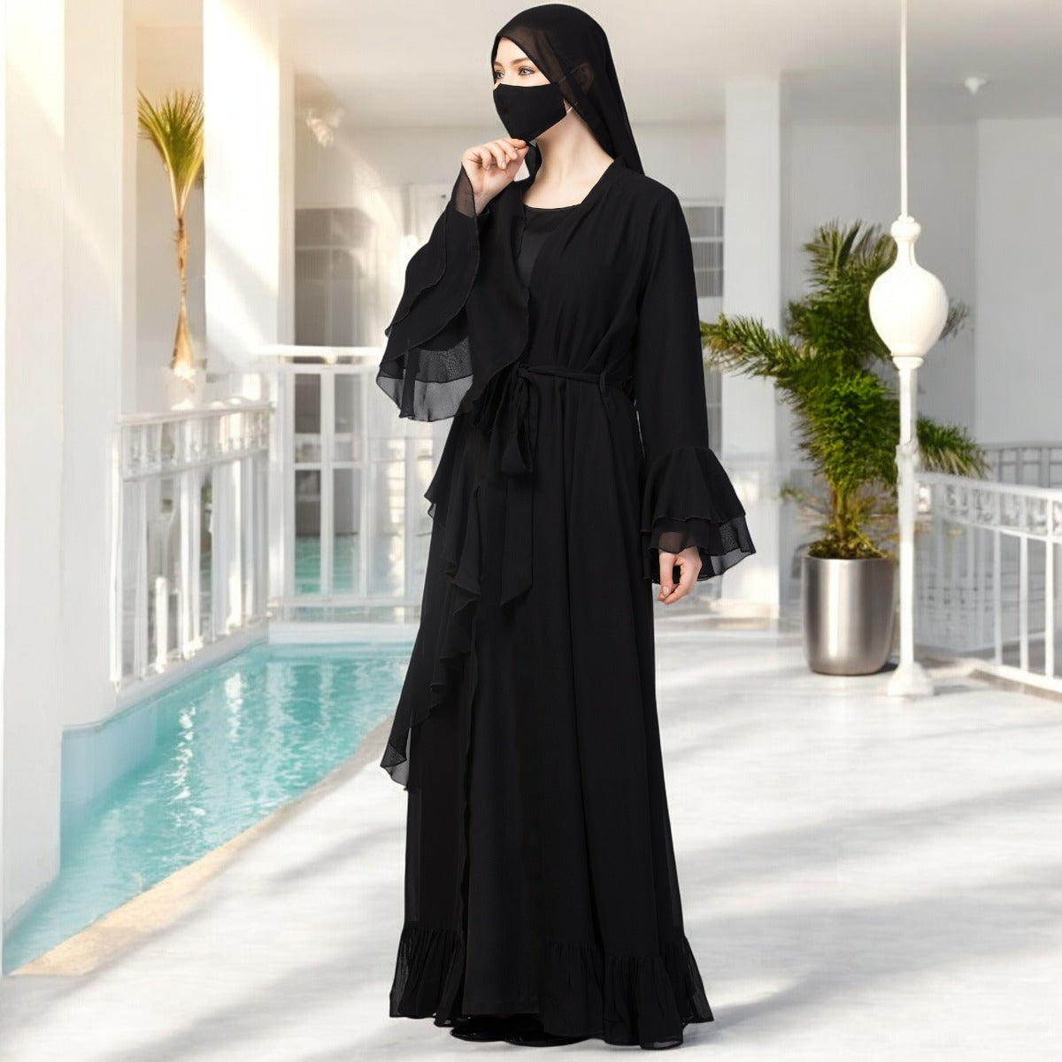 Occasion Wear Modest Dress With Umbrella Flare and Frills