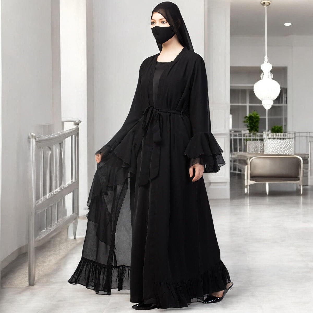 Occasion Wear Modest Dress With Umbrella Flare and Frills