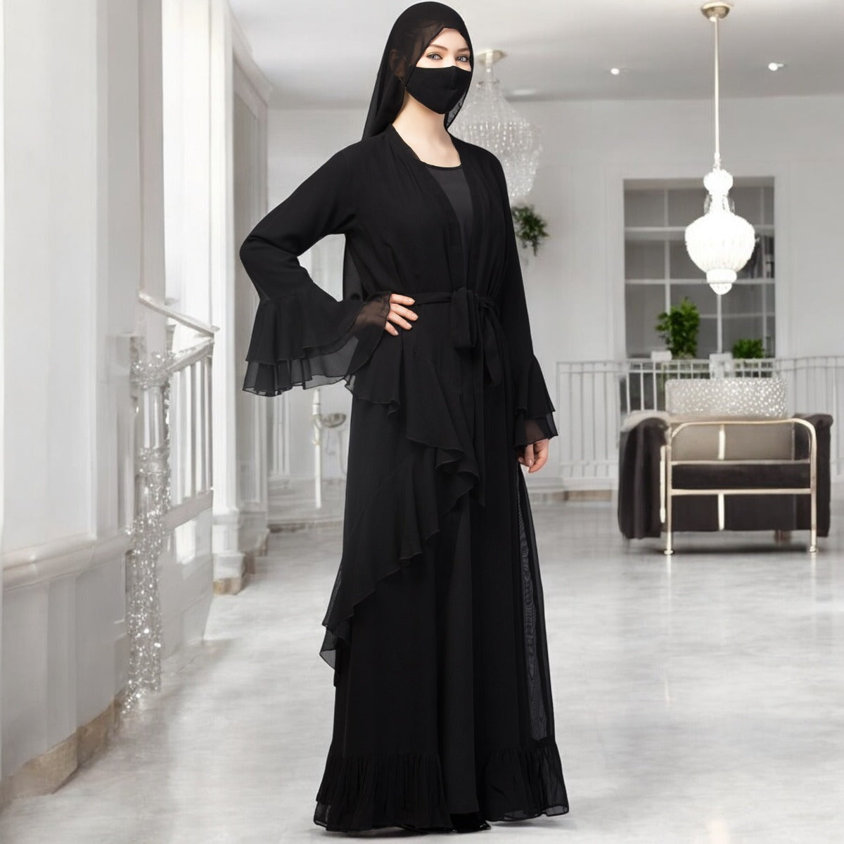 Occasion Wear Modest Dress With Umbrella Flare and Frills