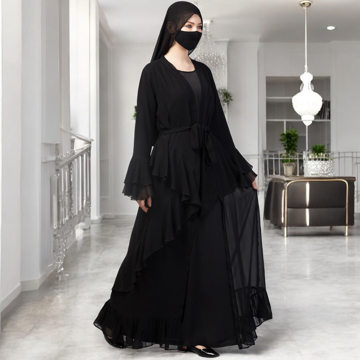 Occasion Wear Modest Dress With Umbrella Flare and Frills