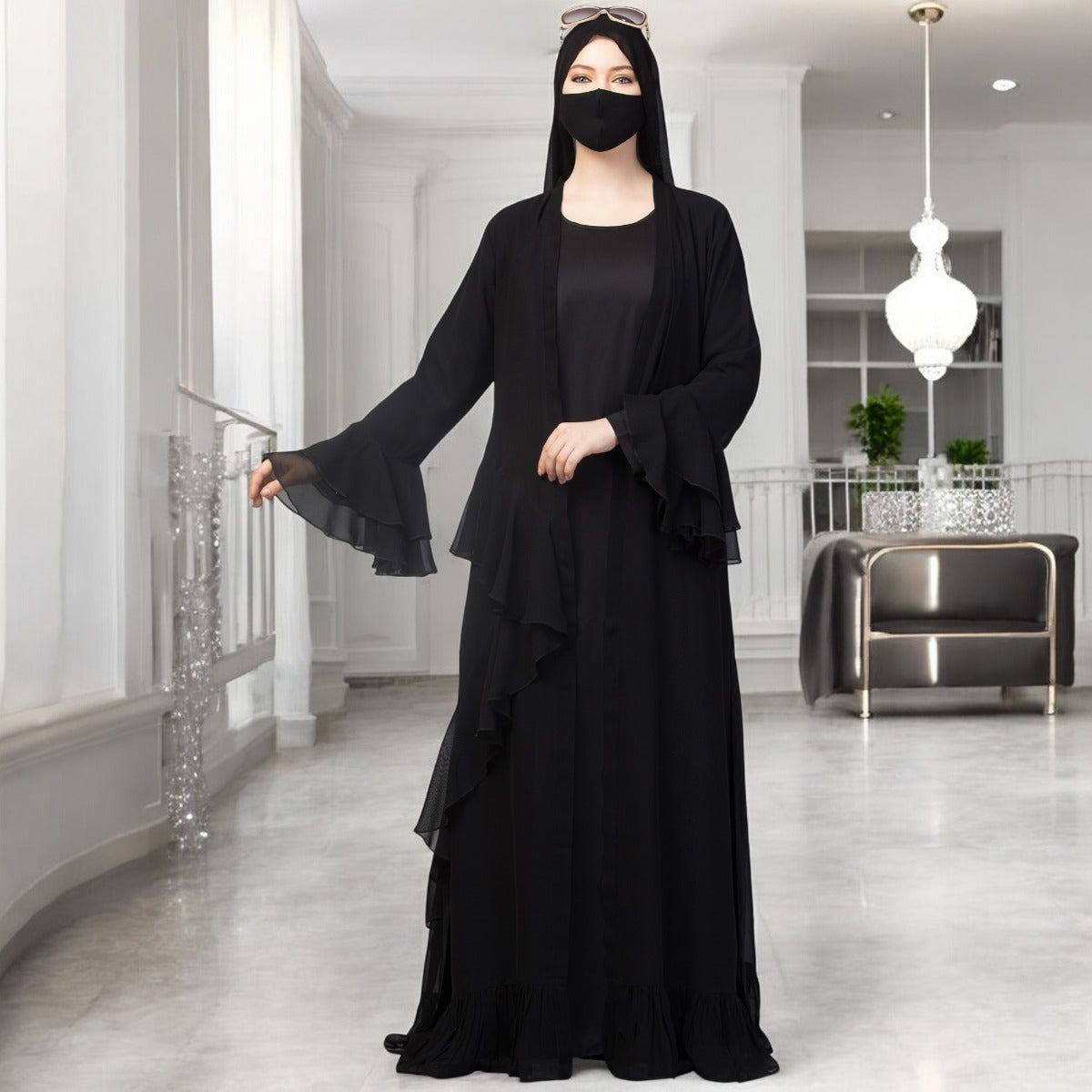 Occasion Wear Modest Dress With Umbrella Flare and Frills