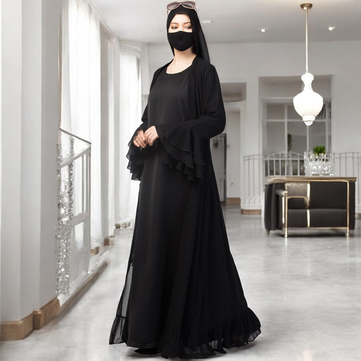 Occasion Wear Modest Dress With Umbrella Flare and Frills