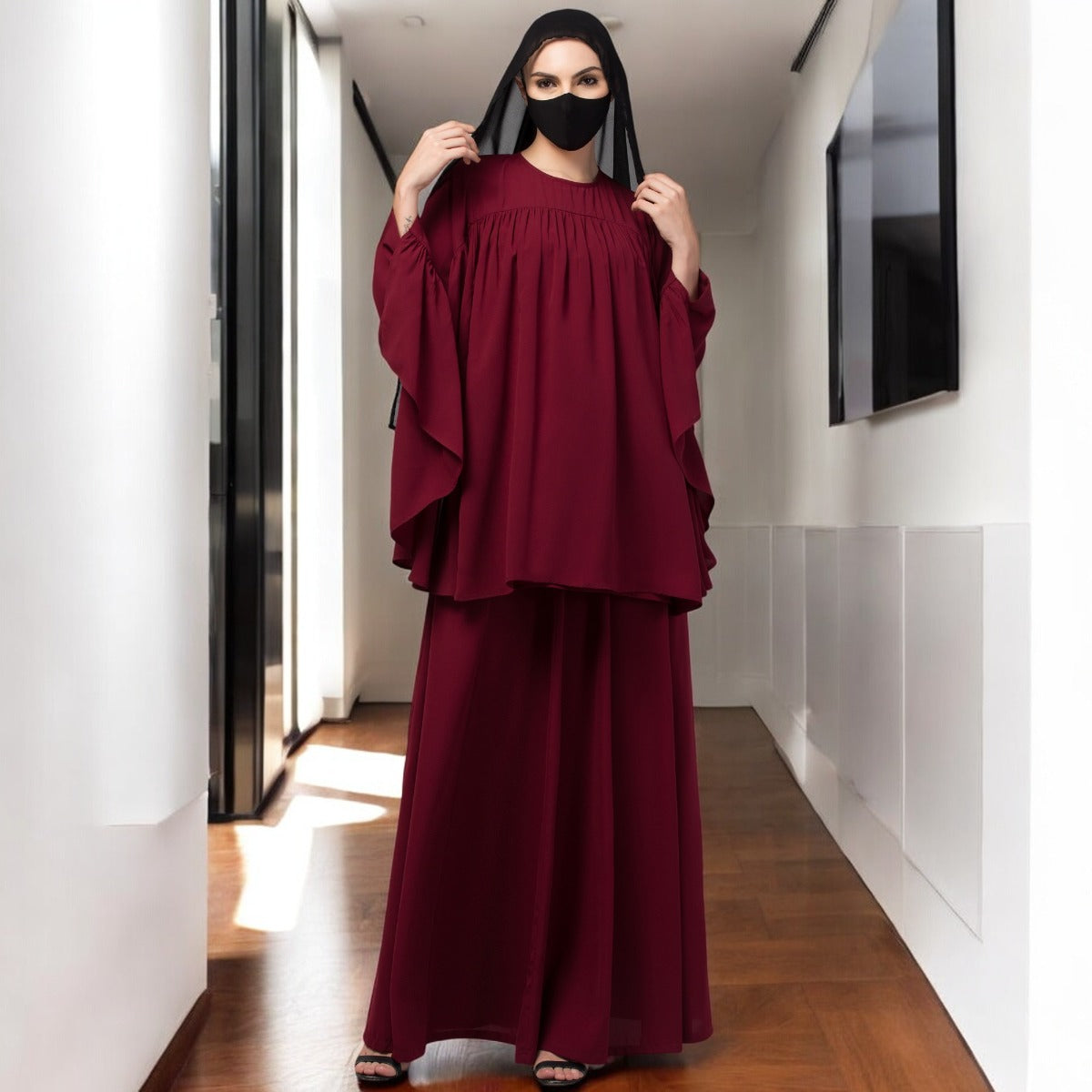 Modest Co-ord Set: Designer Loose Fit Top with Frills and Flared Skirt, Perfect for Students and Working Women