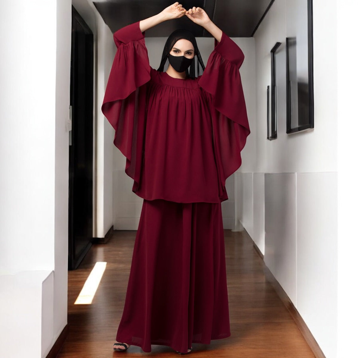 Modest Co-ord Set: Designer Loose Fit Top with Frills and Flared Skirt, Perfect for Students and Working Women