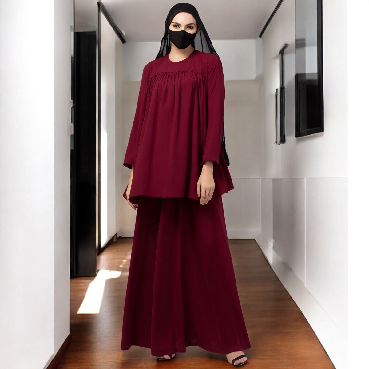 Modest Co-ord Set: Designer Loose Fit Top with Frills and Flared Skirt, Perfect for Students and Working Women