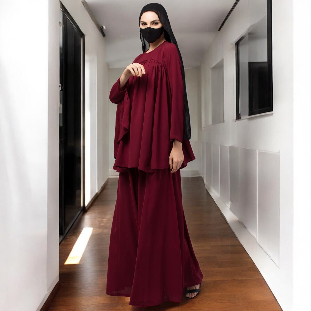 Modest Co-ord Set: Designer Loose Fit Top with Frills and Flared Skirt, Perfect for Students and Working Women