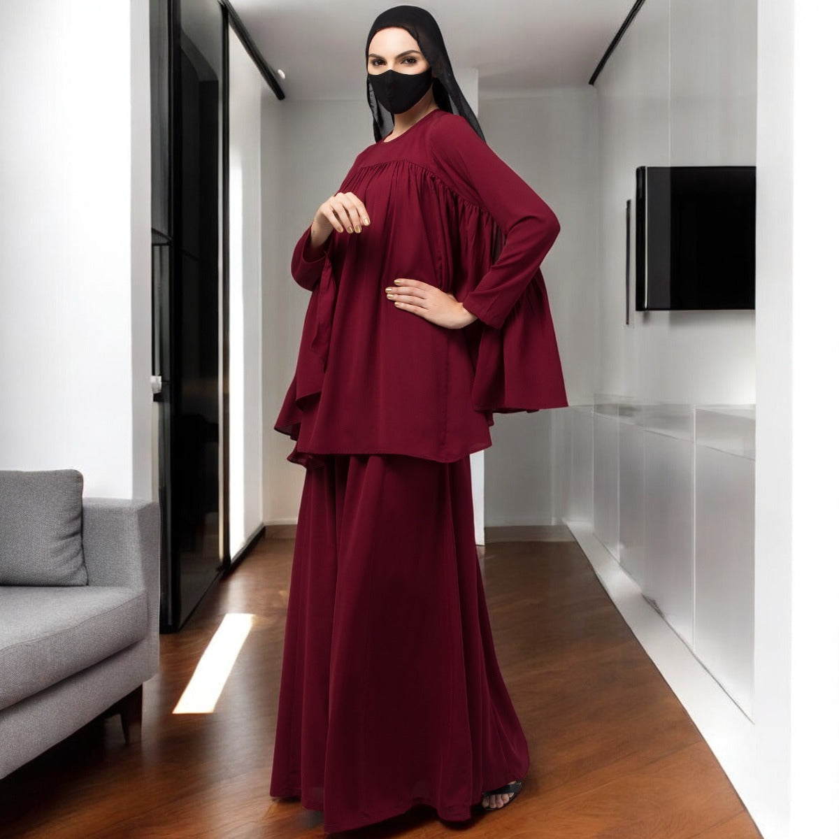Modest Co-ord Set: Designer Loose Fit Top with Frills and Flared Skirt, Perfect for Students and Working Women