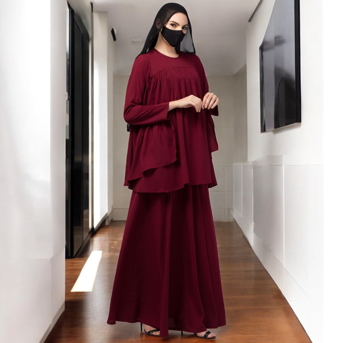 Modest Co-ord Set: Designer Loose Fit Top with Frills and Flared Skirt, Perfect for Students and Working Women