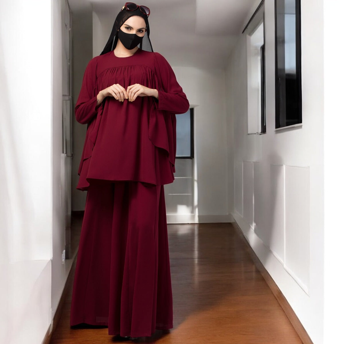 Modest Co-ord Set: Designer Loose Fit Top with Frills and Flared Skirt, Perfect for Students and Working Women
