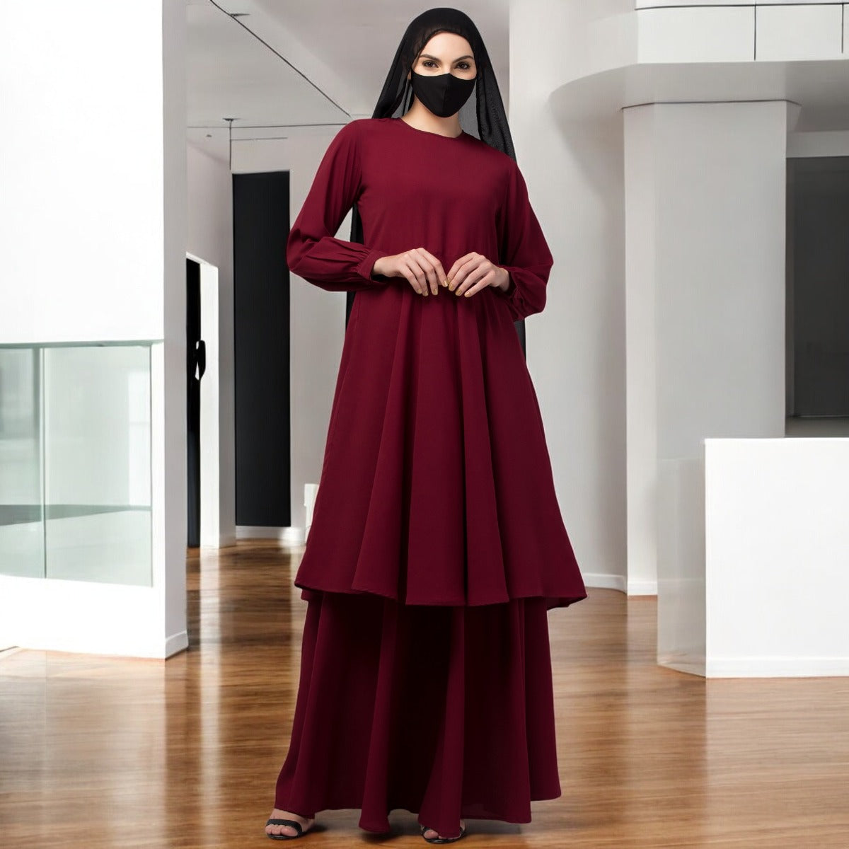Modest Co-ord Set: Designer Loose Fit Top with Frills and Flared Skirt