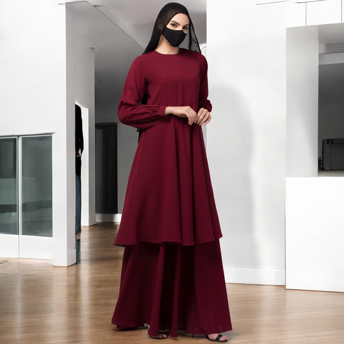 Modest Co-ord Set: Designer Loose Fit Top with Frills and Flared Skirt