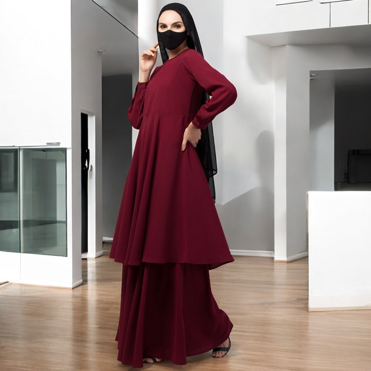 Modest Co-ord Set: Designer Loose Fit Top with Frills and Flared Skirt