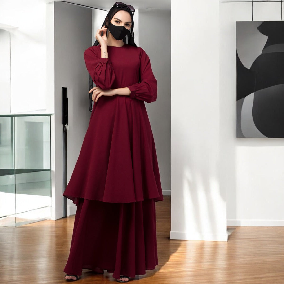Modest Co-ord Set: Designer Loose Fit Top with Frills and Flared Skirt